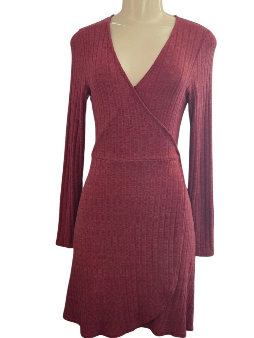 American Eagle Women’s M Burgundy Ribbed Knit Wrap Dress Long Sleeve Tie Waist